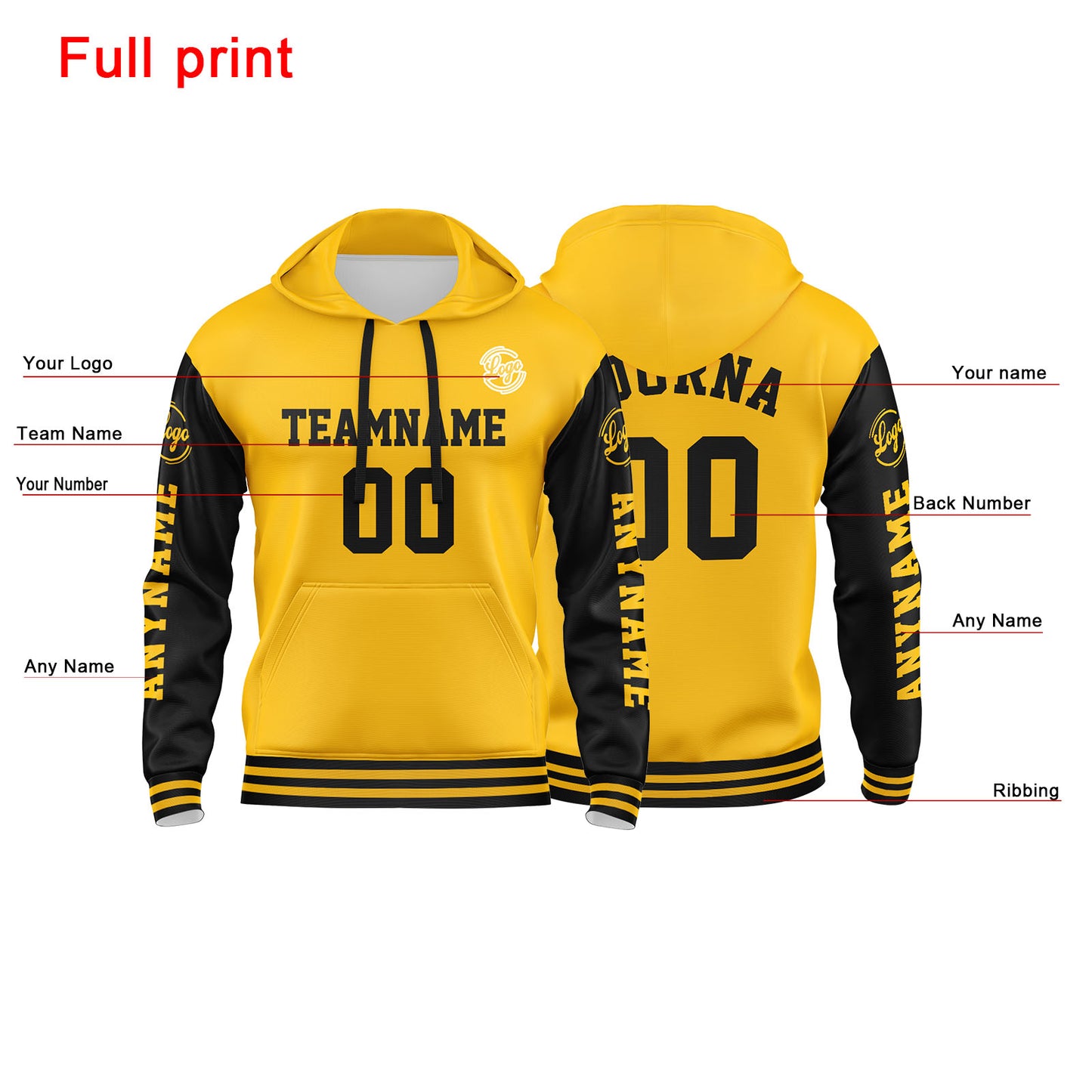 Benutzerdefinierter Gelb Schwarz Hoodie für Mann, Frau, Mädchen, Junge. Drucken Sie Ihr Logo, Ihren Namen und Ihre Nummer