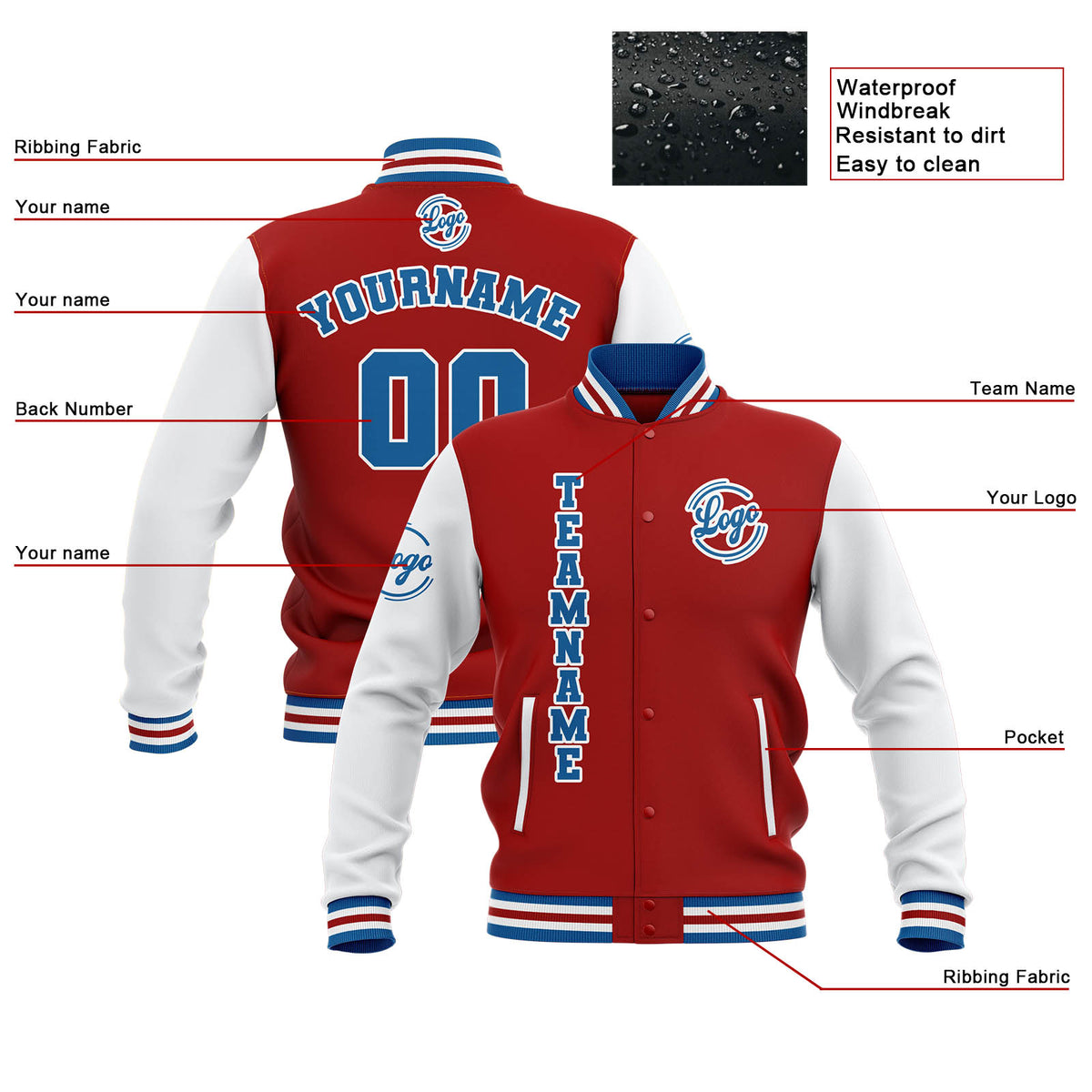 Benutzerdefiniert Rot Weiß Blau Wasserdichte Varsity Jacken Personalisiert genäht Name Nummer Logo zu Letterman Jacken