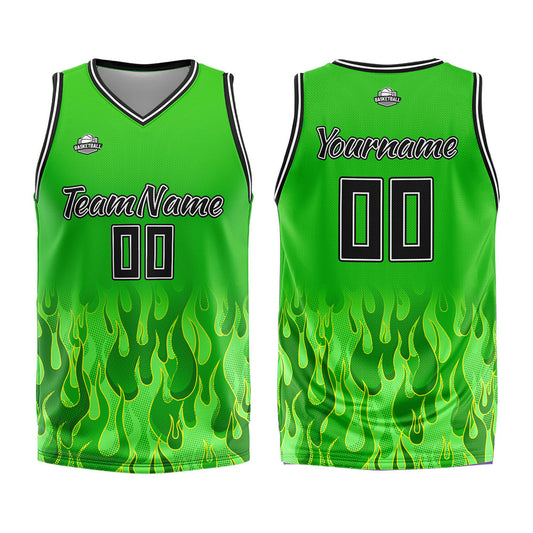 Benutzerdefinierter Basketball Jersey Uniform Anzug gedruckt Ihr Logo Name Nummer Grüne Flamme