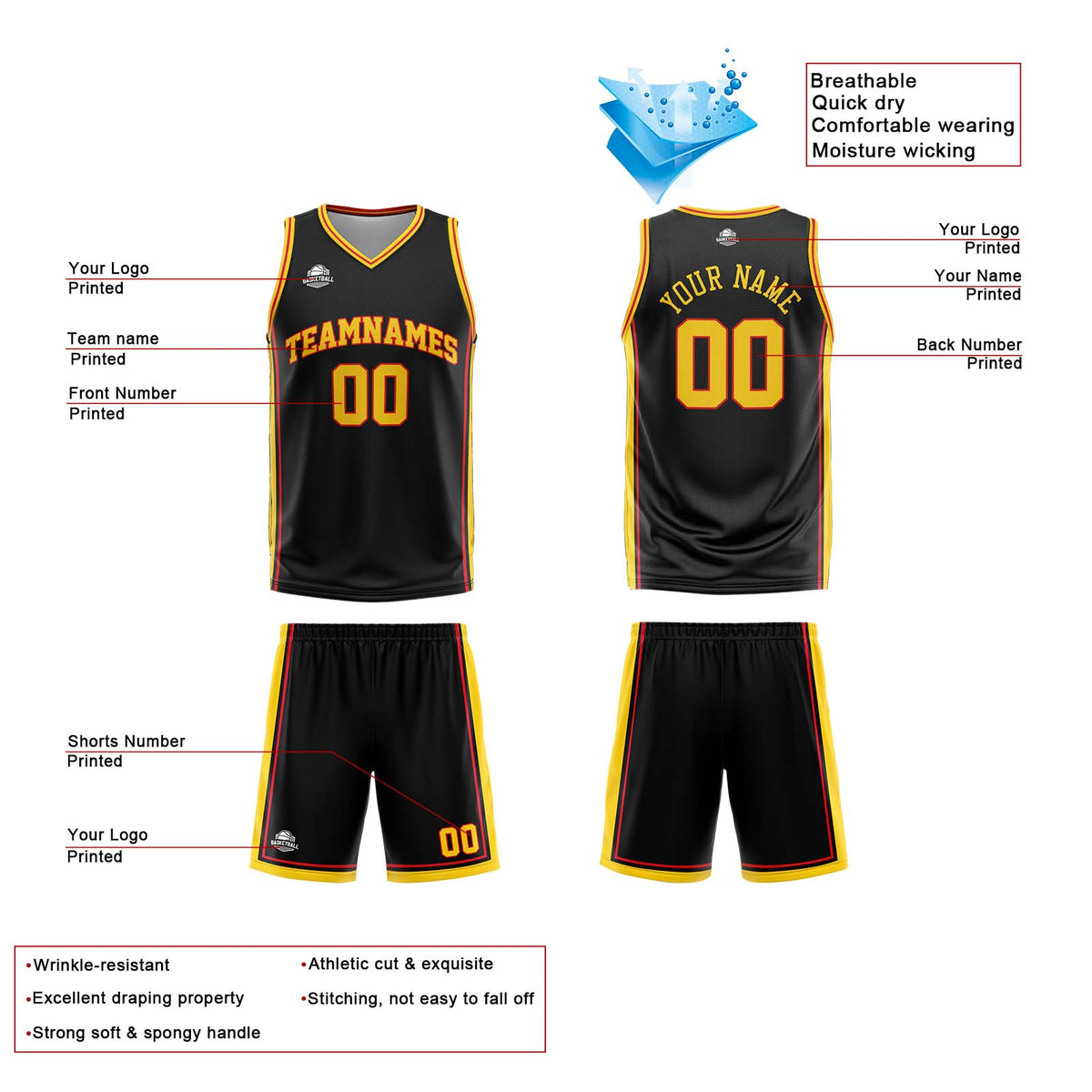Benutzerdefinierte Schwarz Weiß Gelb Rot Reversible Basketball Jersey Personalisierte Print Name Nummer Logo