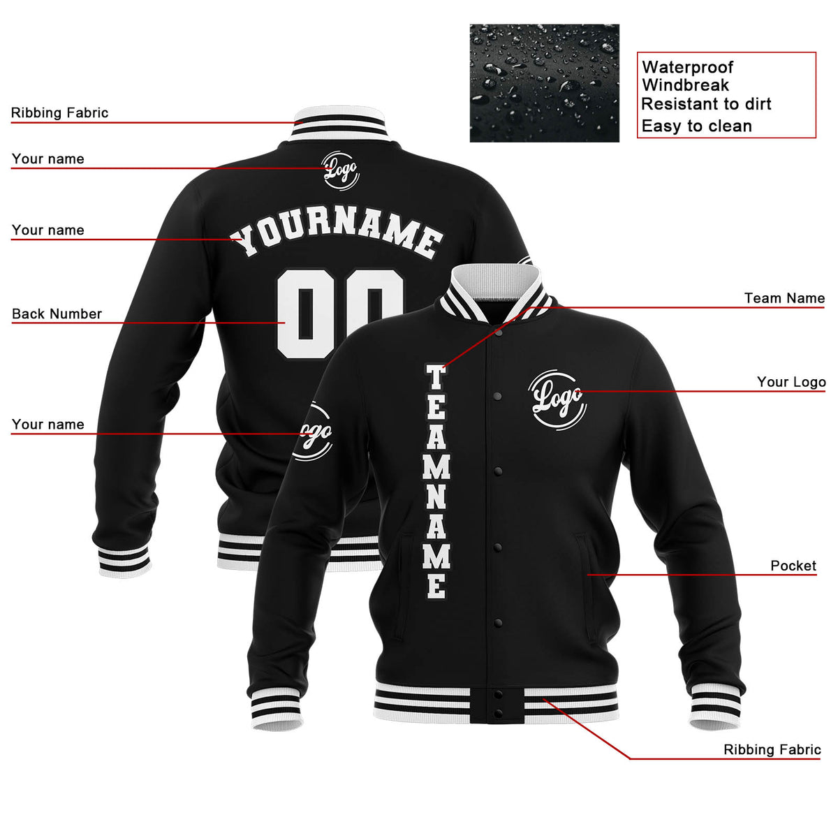 Benutzerdefiniert Schwarz Weiß Wasserdichte Varsity Jacken Personalisiert genäht Name Nummer Logo zu Letterman Jacken