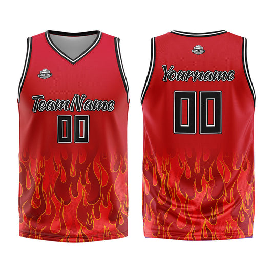 Benutzerdefinierter Basketball Jersey Uniform Anzug gedruckt Ihr Logo Name Nummer Rot Flamme