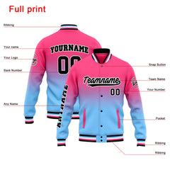 Benutzerdefinierte Varsity-Jacke. Letterman-Jacke für Männer, Frauen und Jugendliche Rosa Hellblauer Verlauf