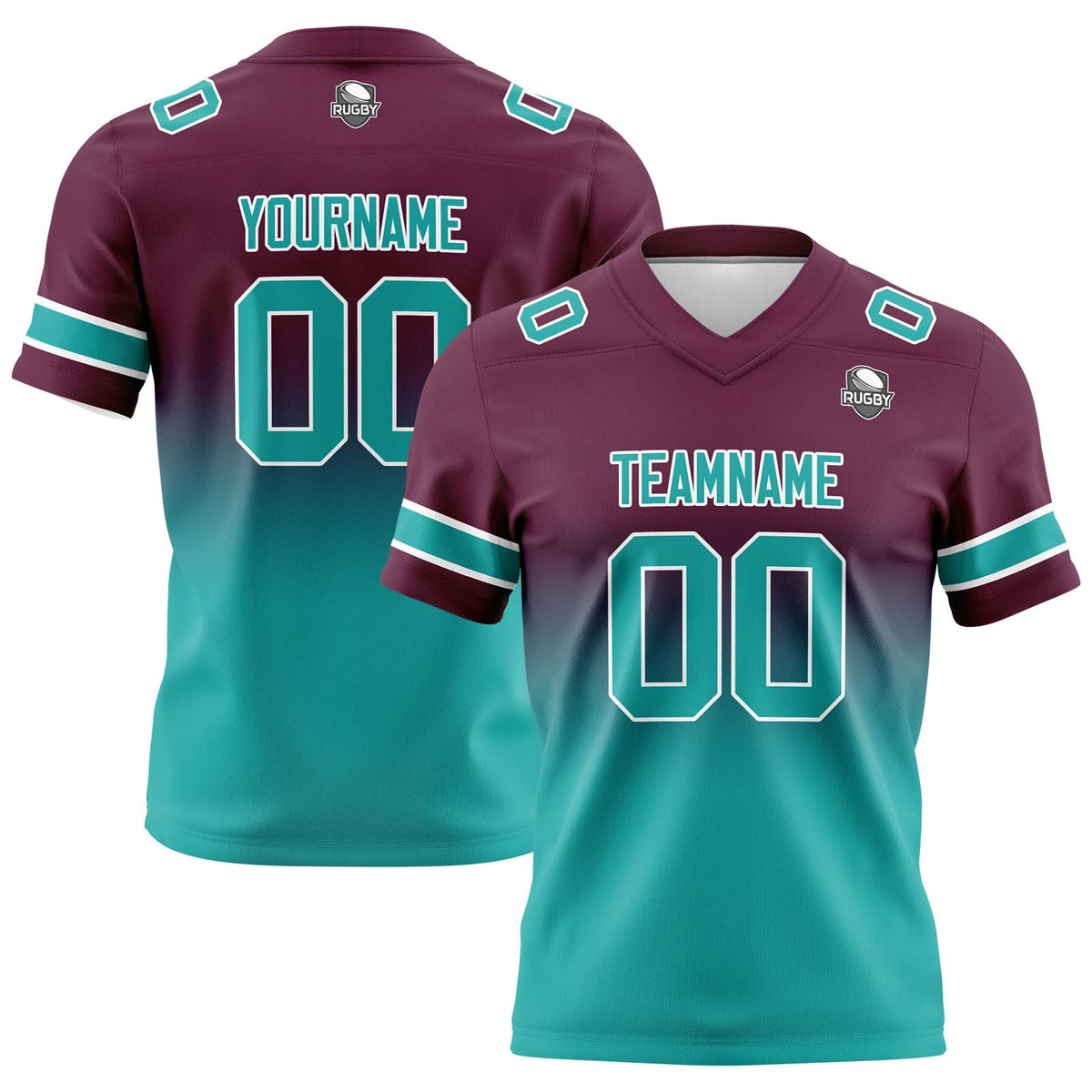 Benutzerdefinierte Burgunderrot Türkis Gradient Fußball Trikots Personalisierter Name Nummer Logo