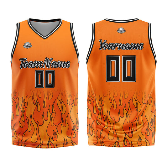 Benutzerdefinierter Basketball Jersey Uniform Anzug gedruckt Ihr Logo Name Nummer Orange Flamme