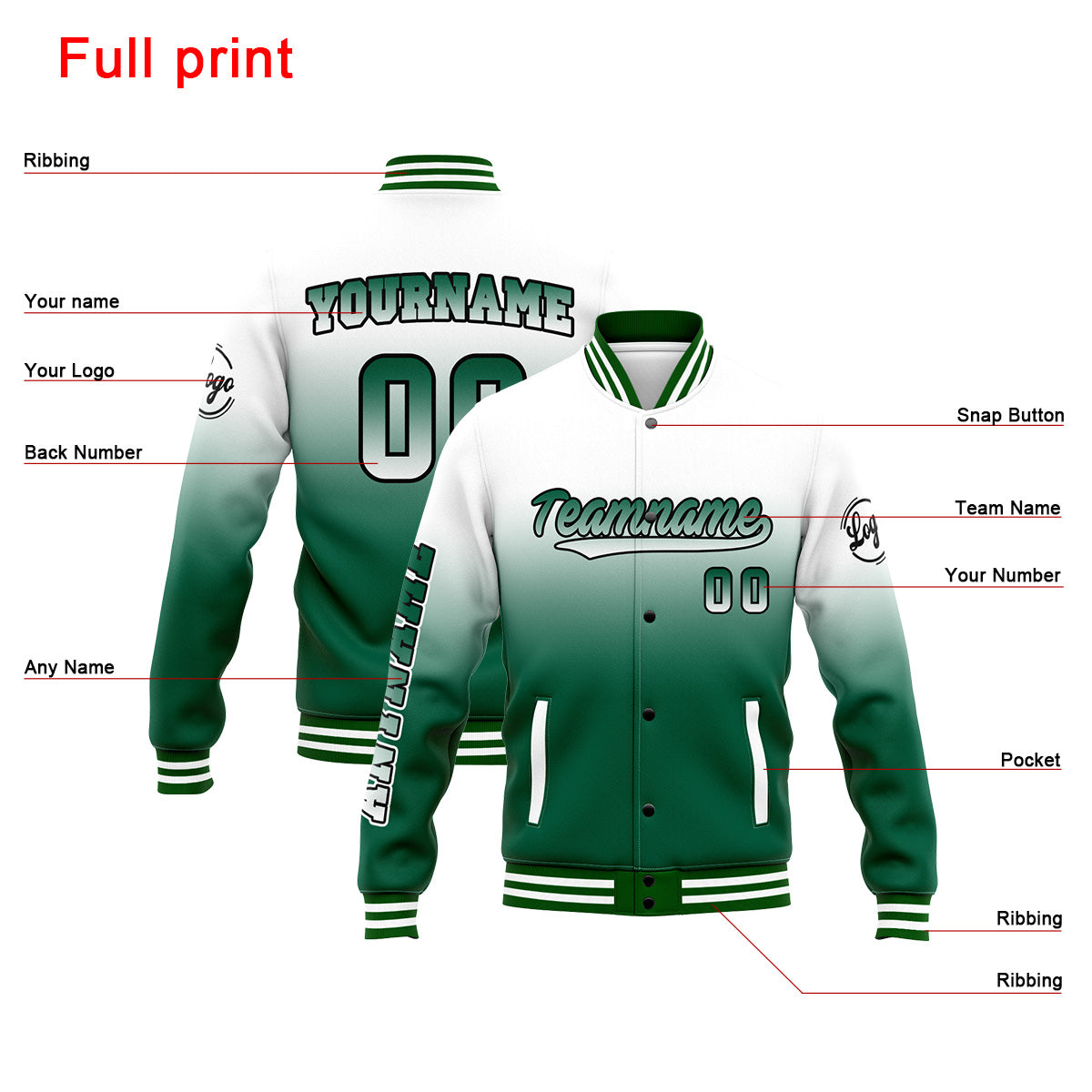 Benutzerdefinierte Verlauf Varsity-Jacke. Letterman-Jacke Weiß Grün