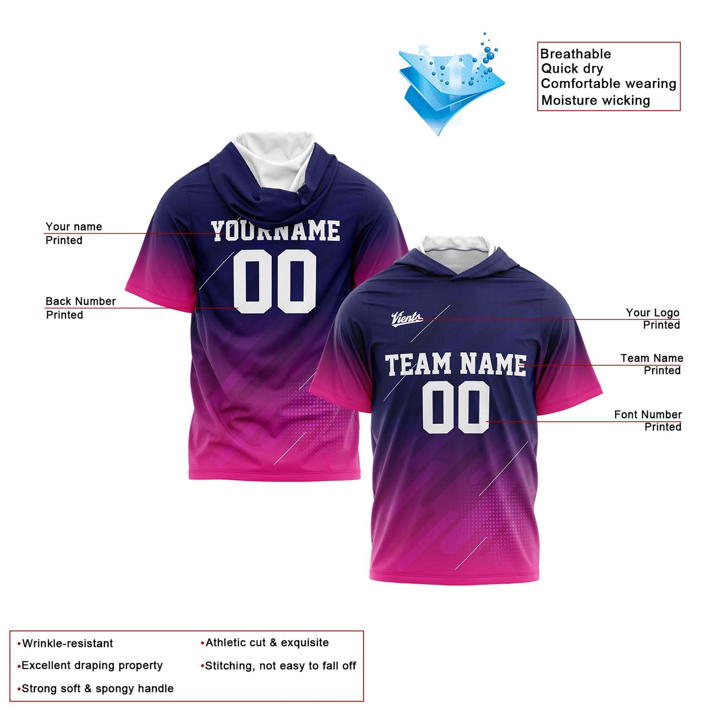 Benutzerdefinierte Marine Rosa Kurzarm-Kapuzenpullover für Männer Frauen Hemden mit Kapuzen gedruckt Name Logo