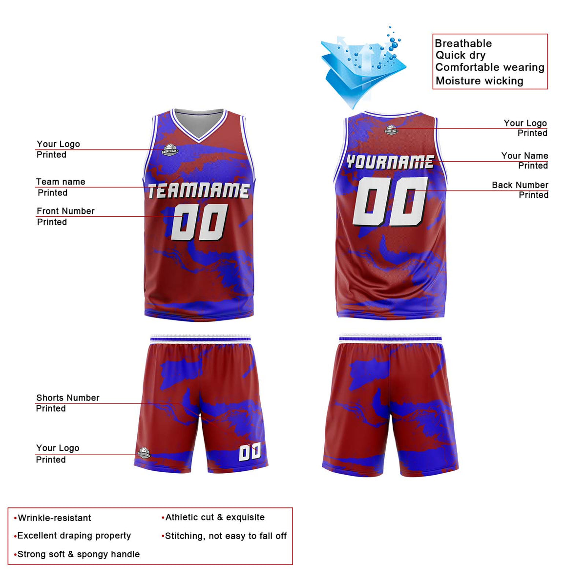 Benutzerdefinierte Rot Royal Reversible Basketball Jersey Personalisierte Print Name Nummer Logo