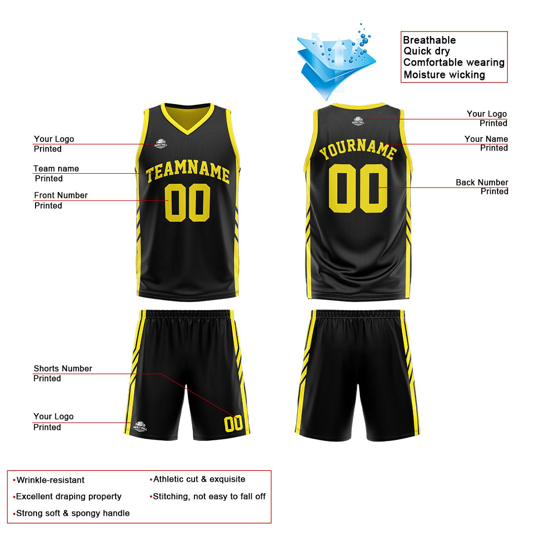 Benutzerdefinierte Reversible Basketball Jersey Personalisierte Print Name Nummer Logo Schwarz-Gelb