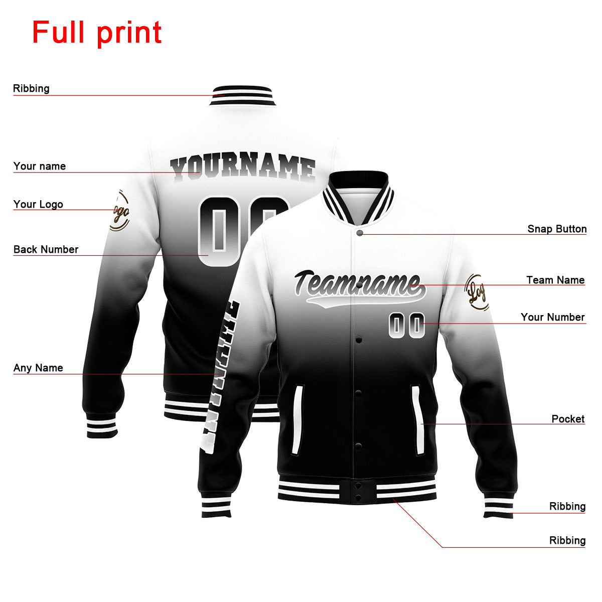 Benutzerdefinierte Verlauf Varsity-Jacke. Letterman-Jacke Weiß Schwarz