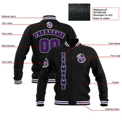 Benutzerdefiniert  Schwarz Lila Weiß Wasserdichte Varsity Jacken Personalisiert genäht Name Nummer Logo zu Letterman Jacken