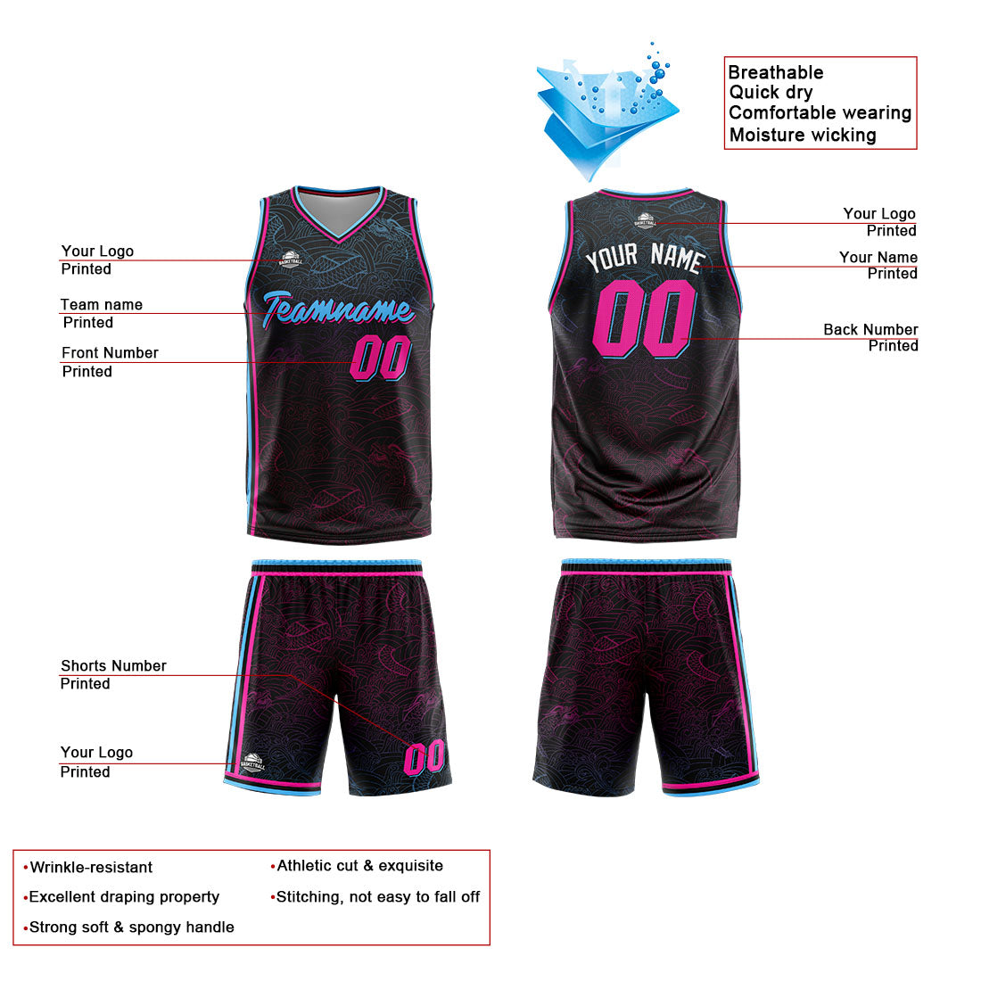 Benutzerdefinierte Reversible Basketball Jersey Personalisierte Print Name Nummer Logo Schwarz-Weiß