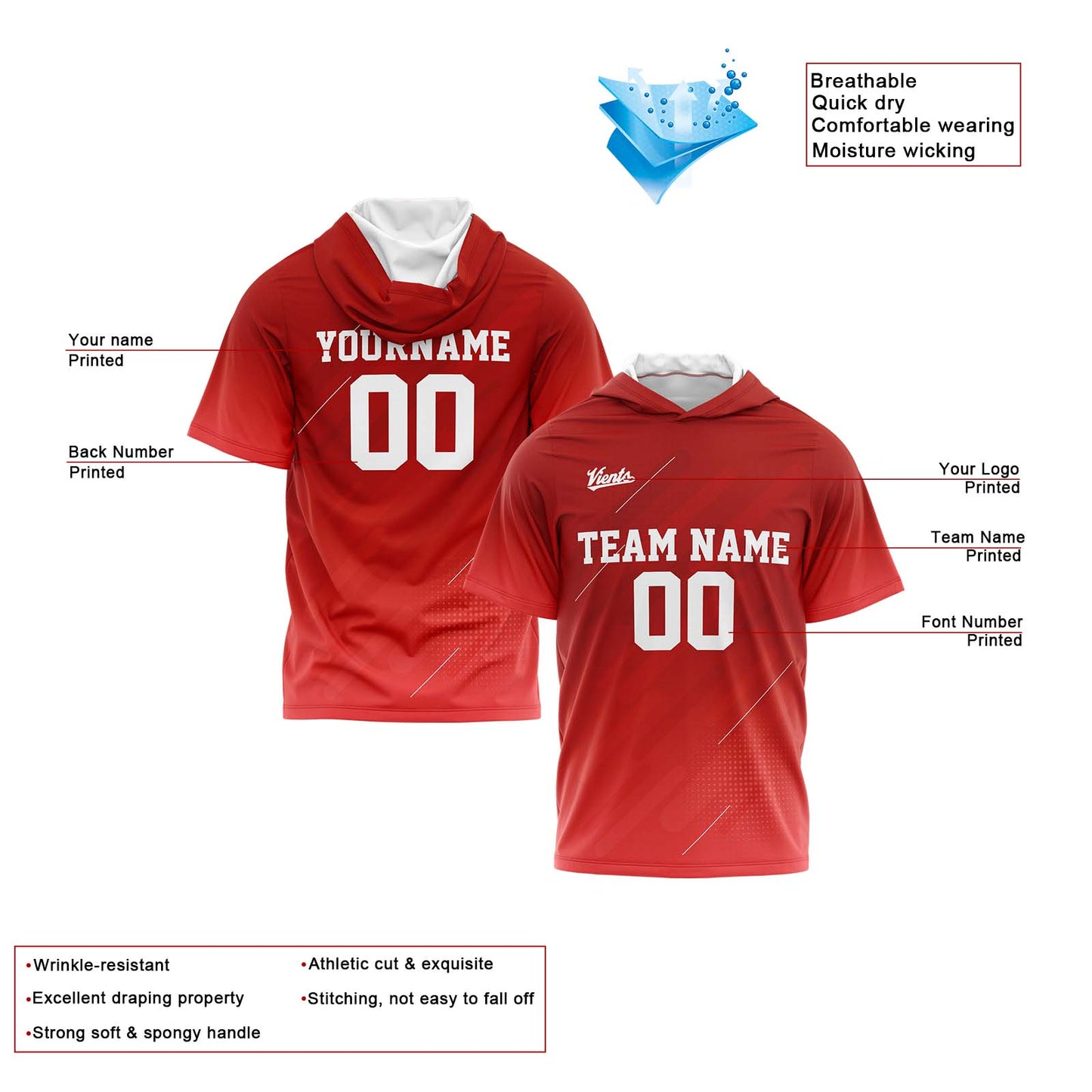 Benutzerdefinierte Rot Kurzarm-Kapuzenpullover für Männer Frauen Hemden mit Kapuzen gedruckt Name Logo