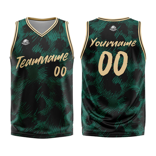 Benutzerdefinierter Basketball Jersey Uniform Anzug gedruckt Ihr Logo Name Nummer Grüner Leopardenmuster