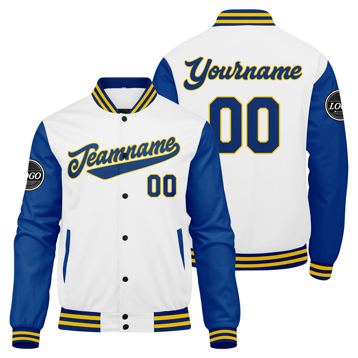 Benutzerdefinierte Verlauf Varsity-Jacke. Letterman-Jacke Royal Weiß Gelb