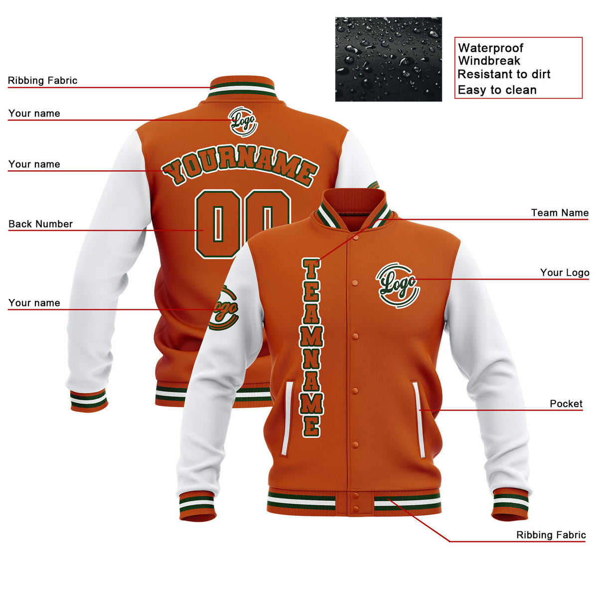 Benutzerdefiniert Orange Weiß Wasserdichte Varsity Jacken Personalisiert genäht Name Nummer Logo zu Letterman Jacken
