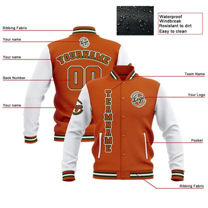 Benutzerdefiniert Orange Weiß Wasserdichte Varsity Jacken Personalisiert genäht Name Nummer Logo zu Letterman Jacken