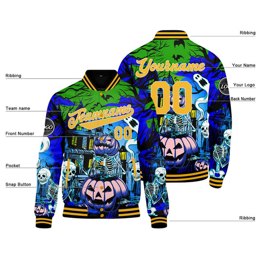 Benutzerdefinierte Blau Gelb Varsity-Jacke. Letterman-Jacke für Männer, Frauen und Jugendliche