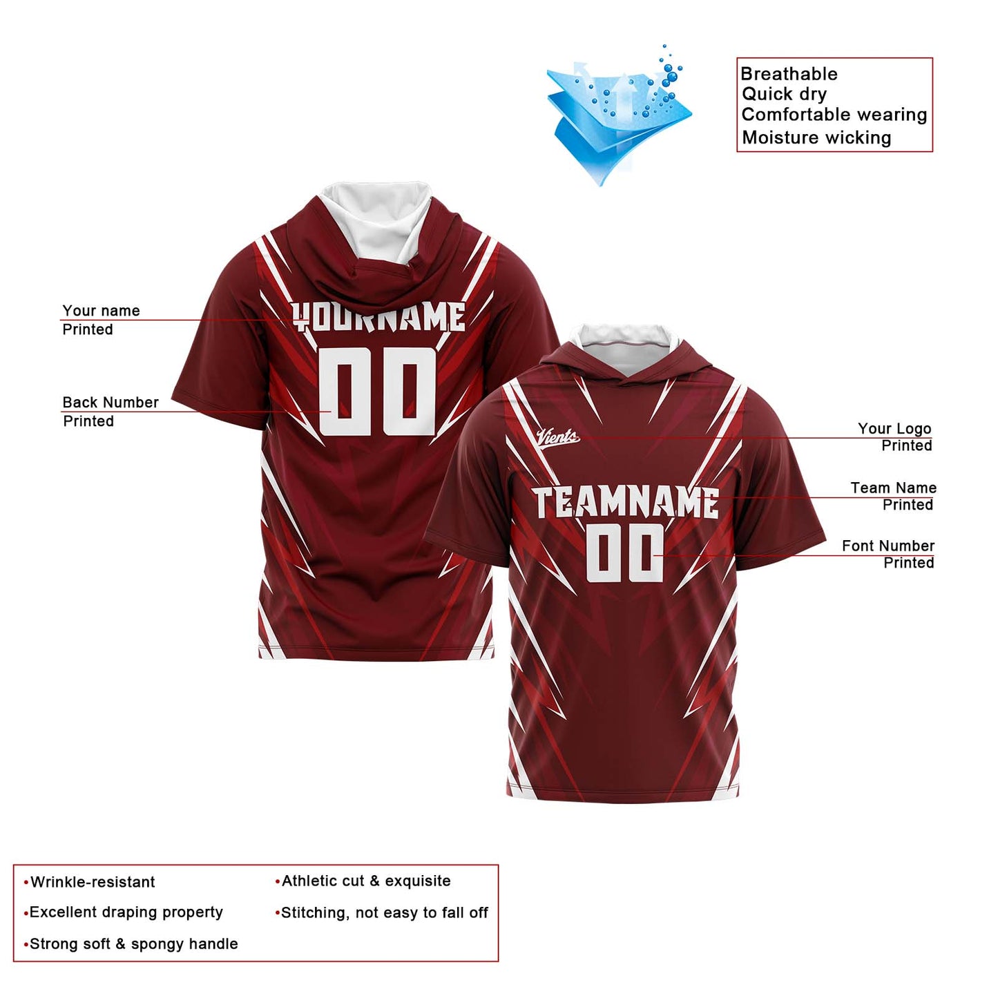 Benutzerdefinierte Drak Rot Kurzarm-Kapuzenpullover für Männer Frauen Hemden mit Kapuzen gedruckt Name Logo