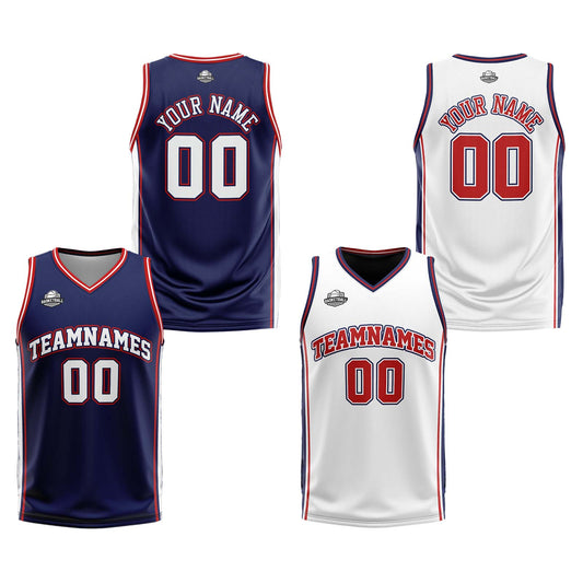 Benutzerdefinierte Marine Weiß Rot Reversible Basketball Jersey Personalisierte Print Name Nummer Logo