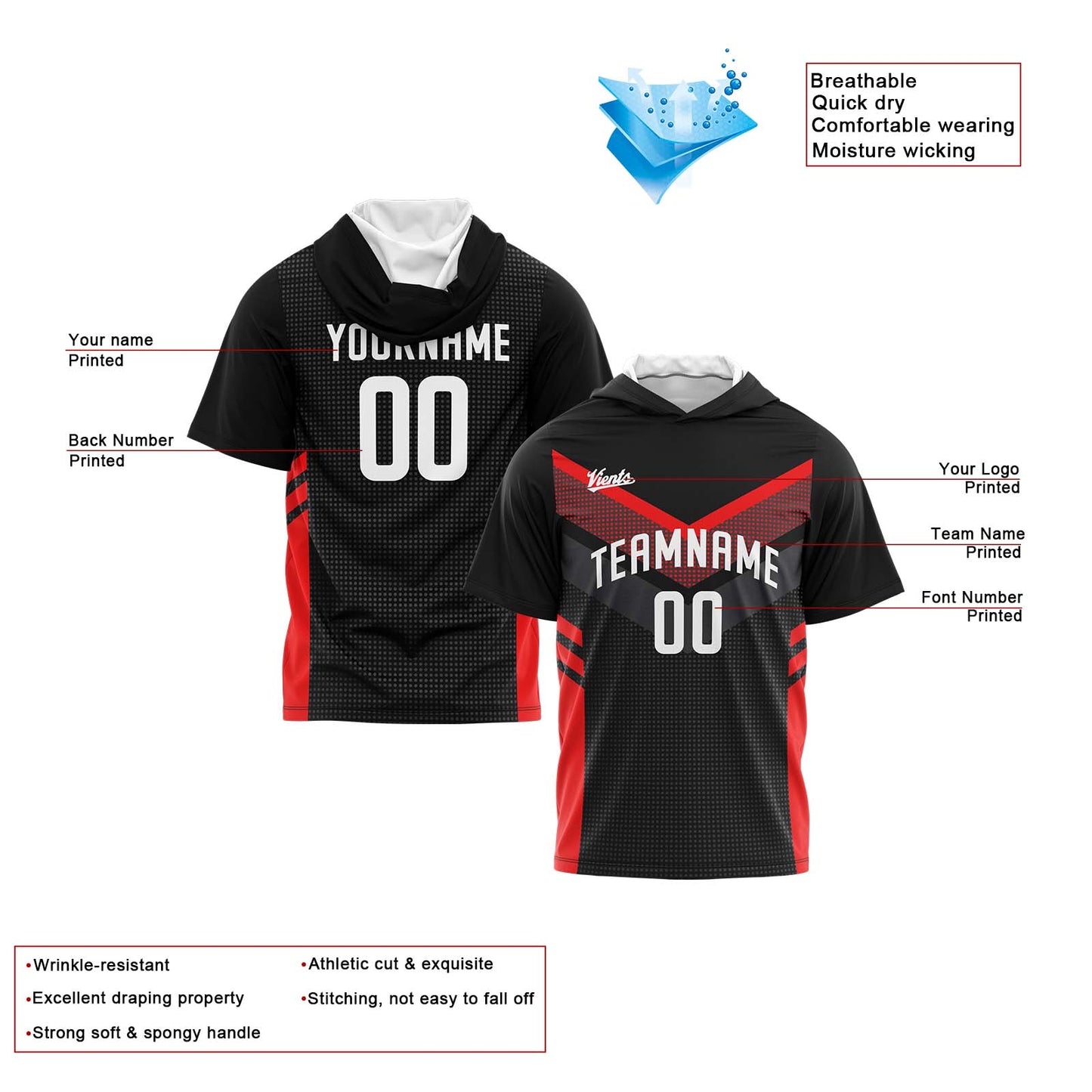 Benutzerdefinierte Schwarz Rot Kurzarm-Kapuzenpullover für Männer Frauen Hemden mit Kapuzen gedruckt Name Logo