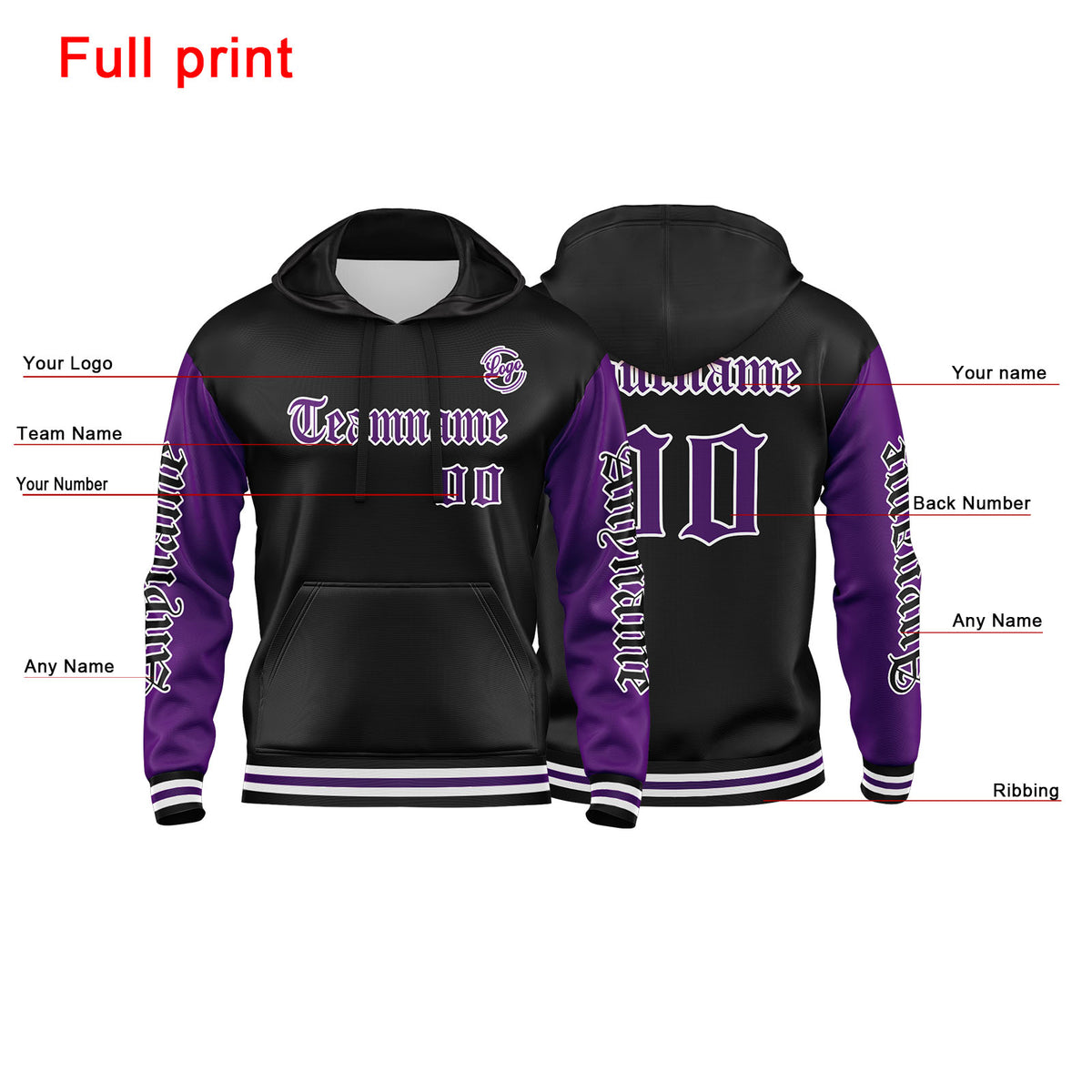 Benutzerdefinierter Lila Schwarz Hoodie für Mann, Frau, Mädchen, Junge. Drucken Sie Ihr Logo, Ihren Namen und Ihre Nummer