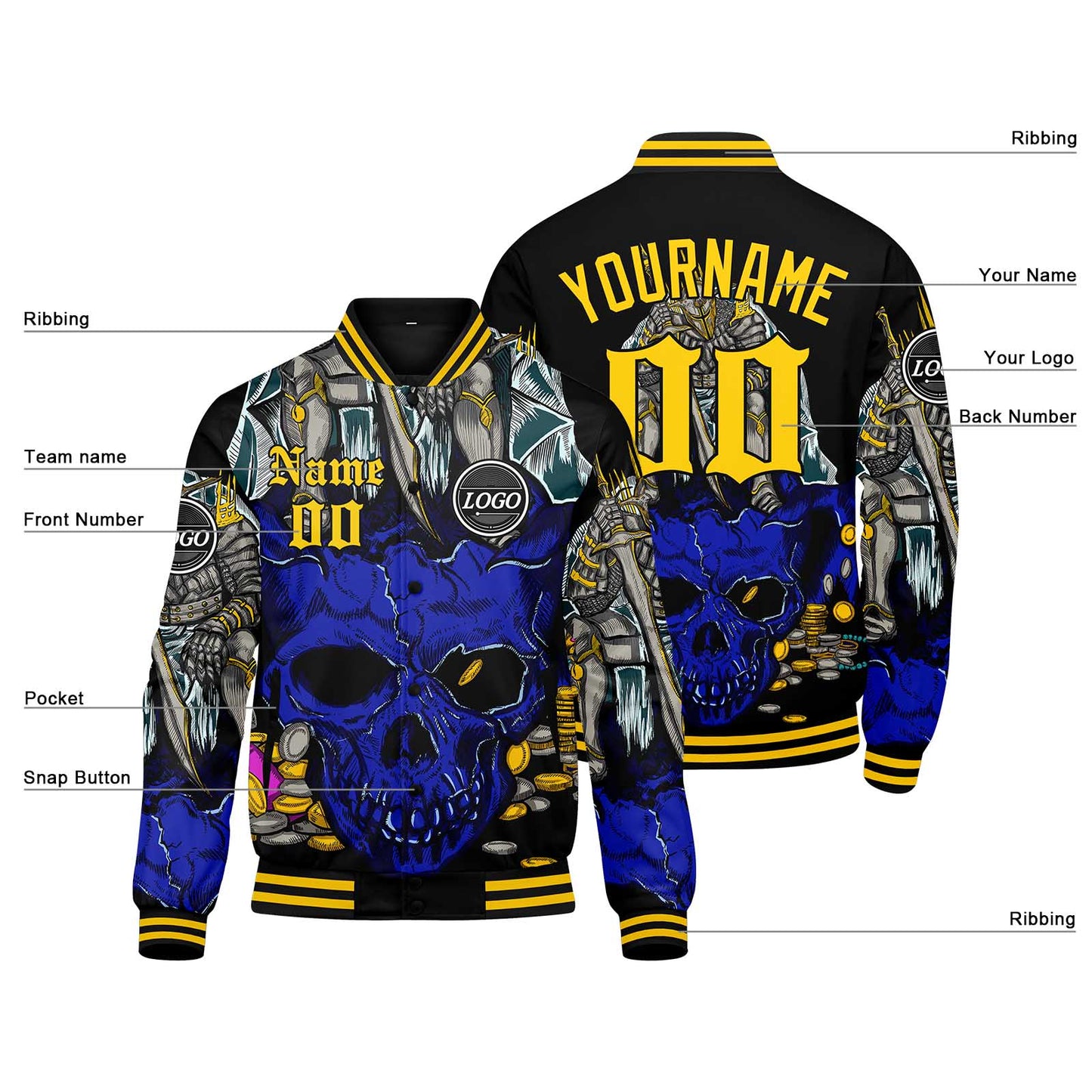 Benutzerdefinierte Verlauf Varsity-Jacke. Letterman-Jacke Royal Gelb
