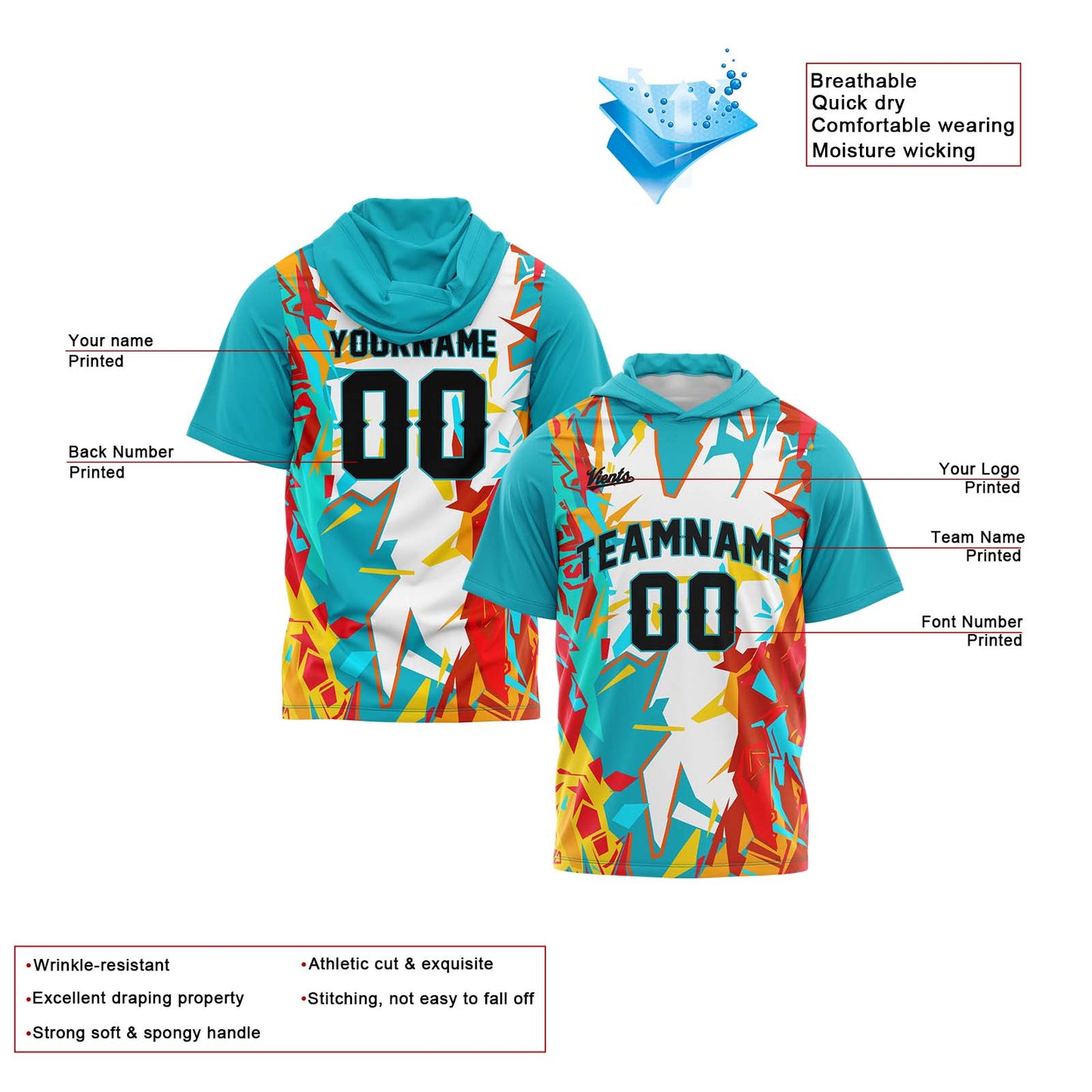 Benutzerdefinierte Aqua Kurzarm-Kapuzenpullover für Männer Frauen Hemden mit Kapuzen gedruckt Name Logo