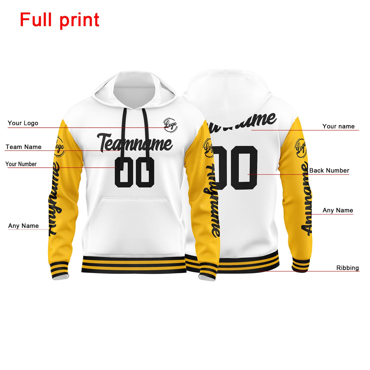 Benutzerdefinierter Gelb Weiß Hoodie für Mann, Frau, Mädchen, Junge. Drucken Sie Ihr Logo, Ihren Namen und Ihre Nummer