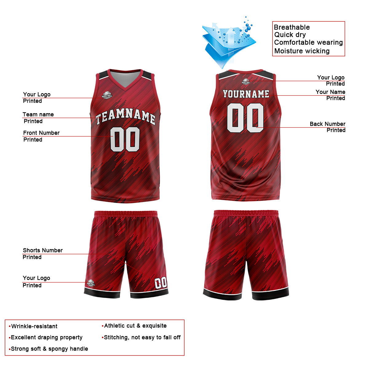 Benutzerdefinierte Rot Reversible Basketball Jersey Personalisierte Print Name Nummer Logo