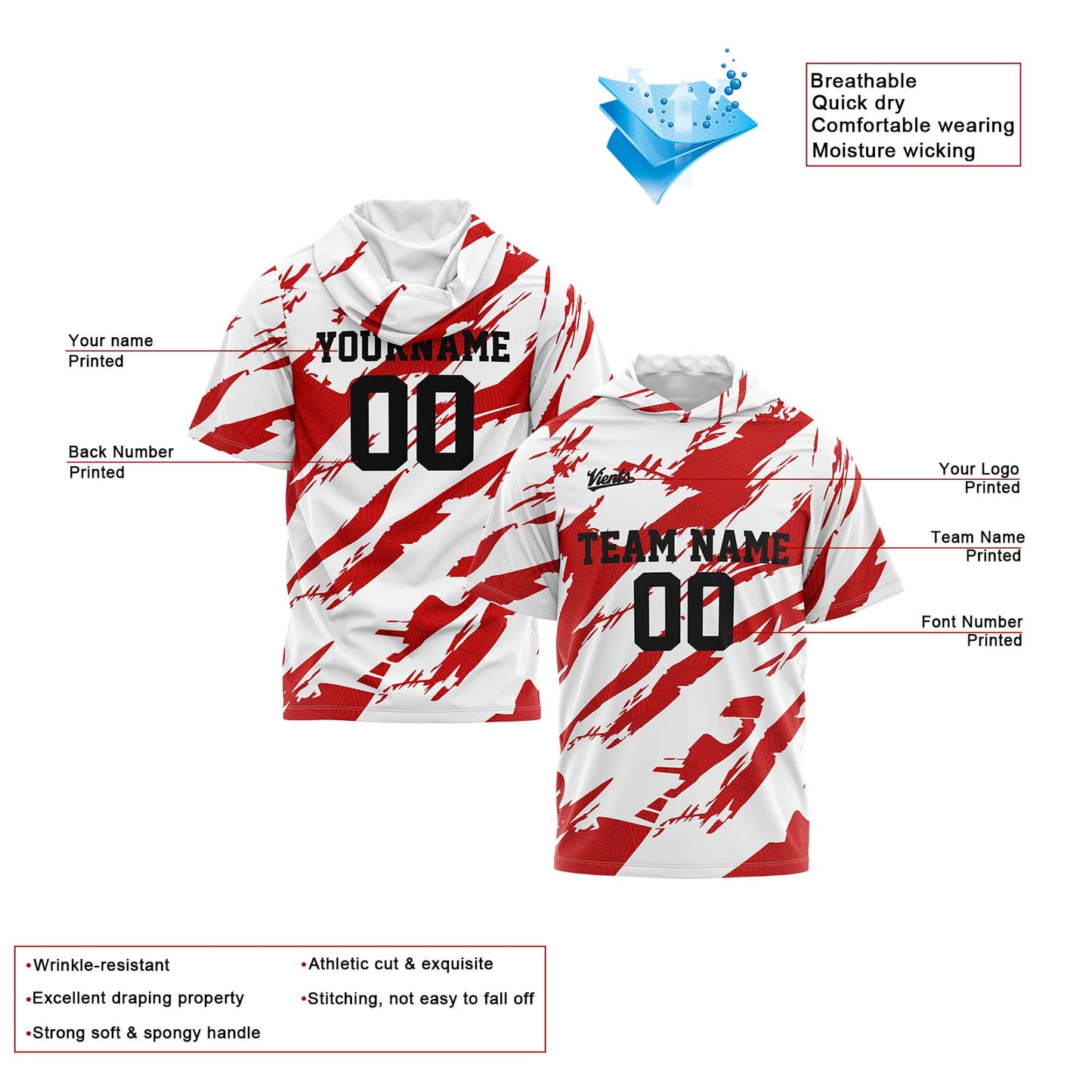 Benutzerdefinierte Weiß Rot Kurzarm-Kapuzenpullover für Männer Frauen Hemden mit Kapuzen gedruckt Name Logo