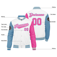 Benutzerdefinierte Verlauf Varsity-Jacke. Letterman-Jacke Weiß Hellblau Rosa