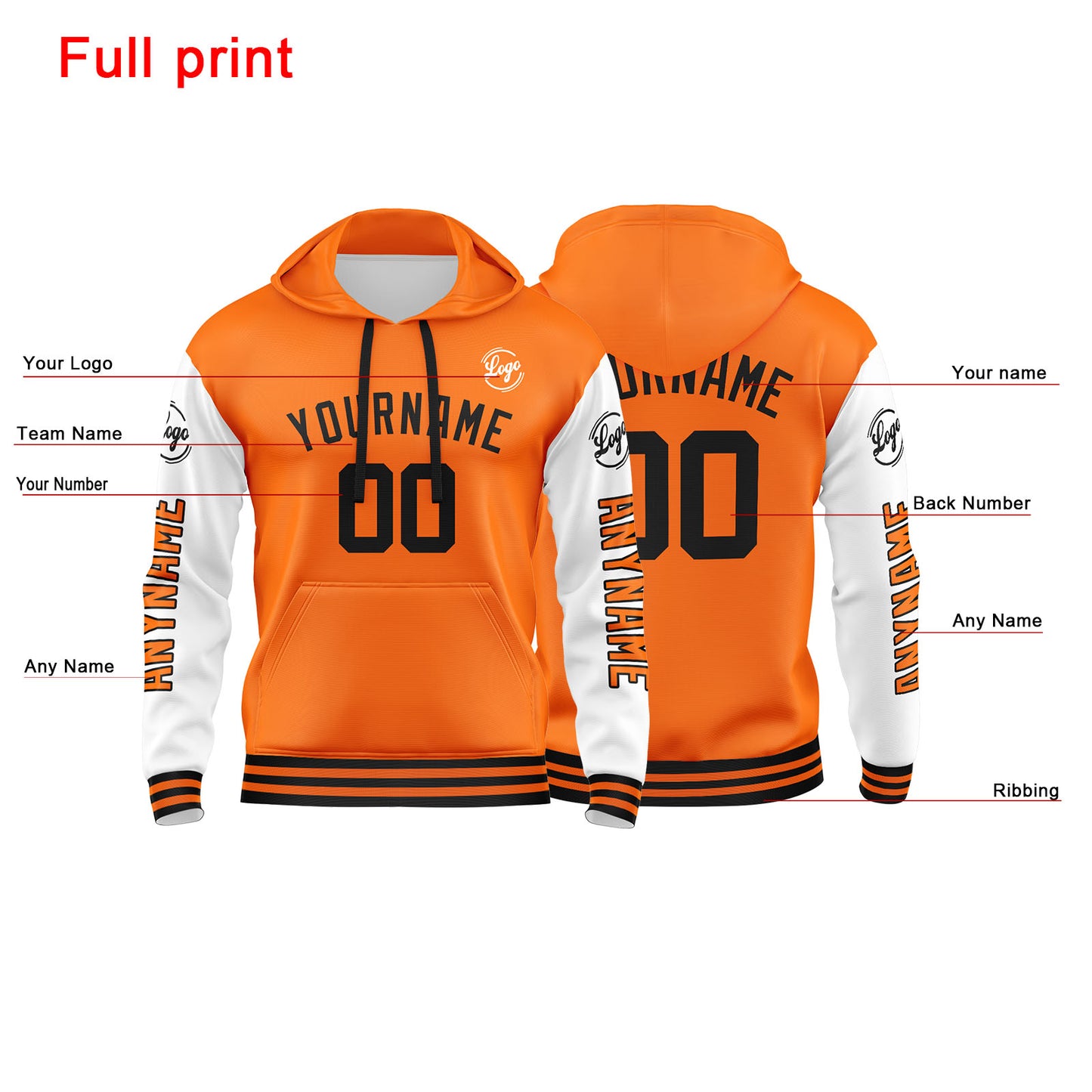 Benutzerdefinierter Orange Weiß Hoodie für Mann, Frau, Mädchen, Junge. Drucken Sie Ihr Logo, Ihren Namen und Ihre Nummer