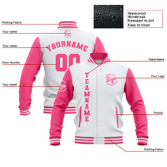 Benutzerdefiniert Weiß Rosa Wasserdichte Varsity Jacken Personalisiert genäht Name Nummer Logo zu Letterman Jacken