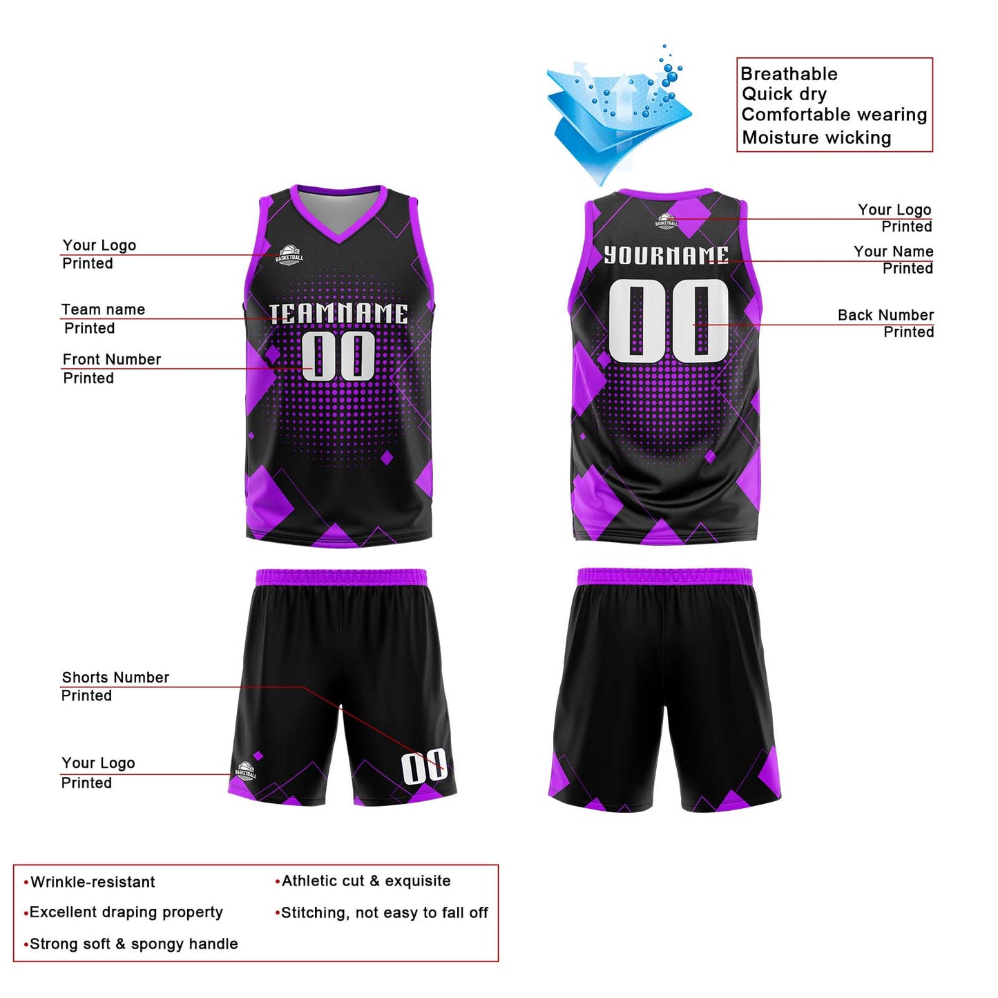Benutzerdefinierter Schwarz Basketball Jersey Uniform Anzug gedruckt Ihr Logo Name Nummer