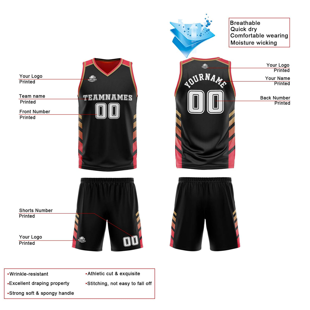 Benutzerdefinierte Schwarz Rot Gold Reversible Basketball Jersey Personalisierte Print Name Nummer Logo