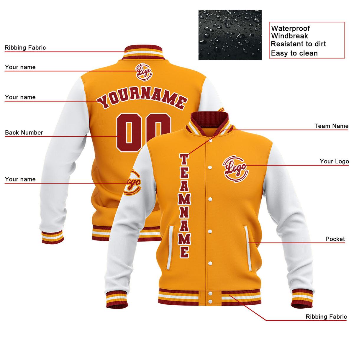 Benutzerdefiniert Gelb Rot Weiß Wasserdichte Varsity Jacken Personalisiert genäht Name Nummer Logo zu Letterman Jacken