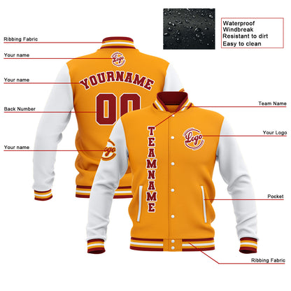 Benutzerdefiniert Gelb Rot Weiß Wasserdichte Varsity Jacken Personalisiert genäht Name Nummer Logo zu Letterman Jacken