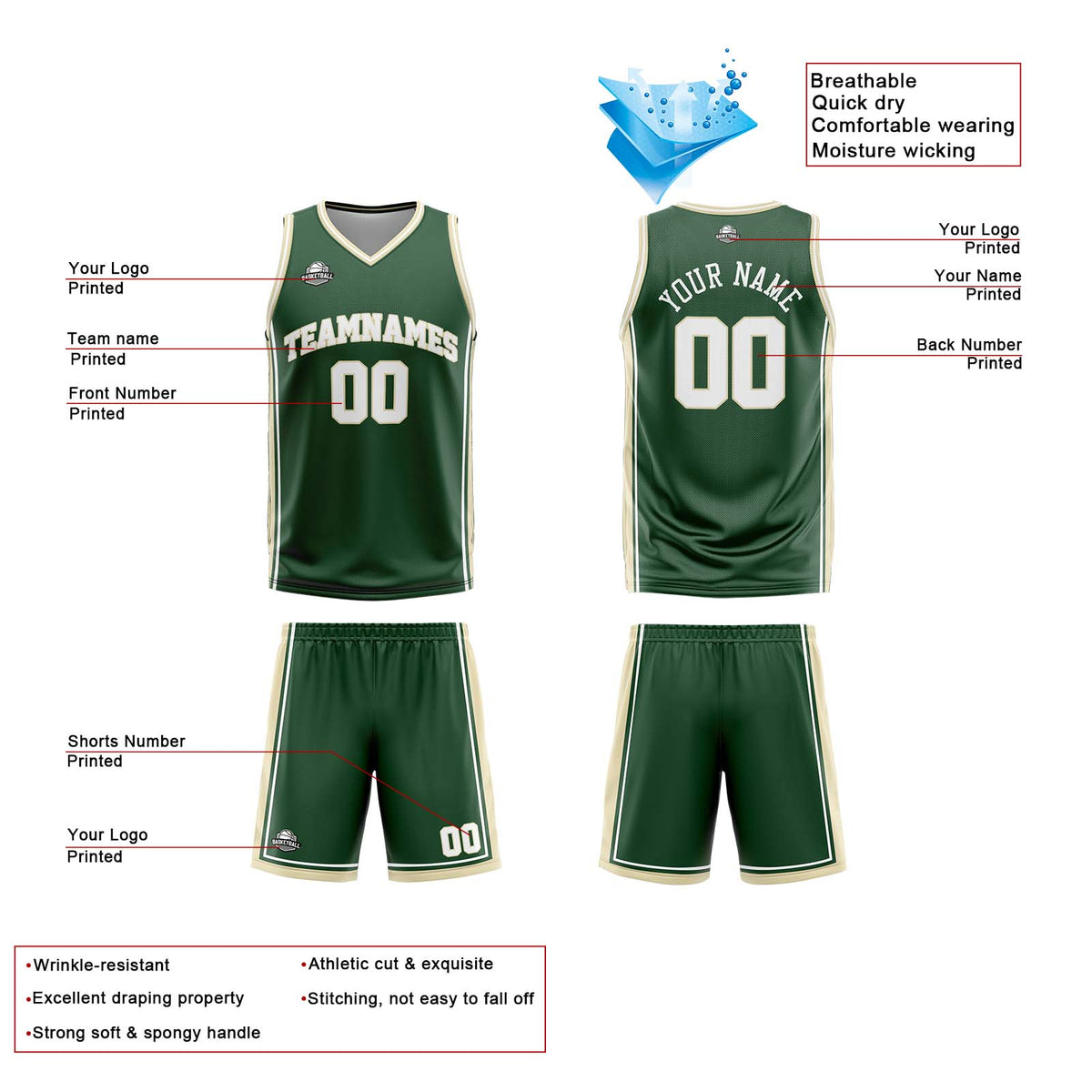Benutzerdefinierte Dunkelgrün Weiß Creme Reversible Basketball Jersey Personalisierte Print Name Nummer Logo