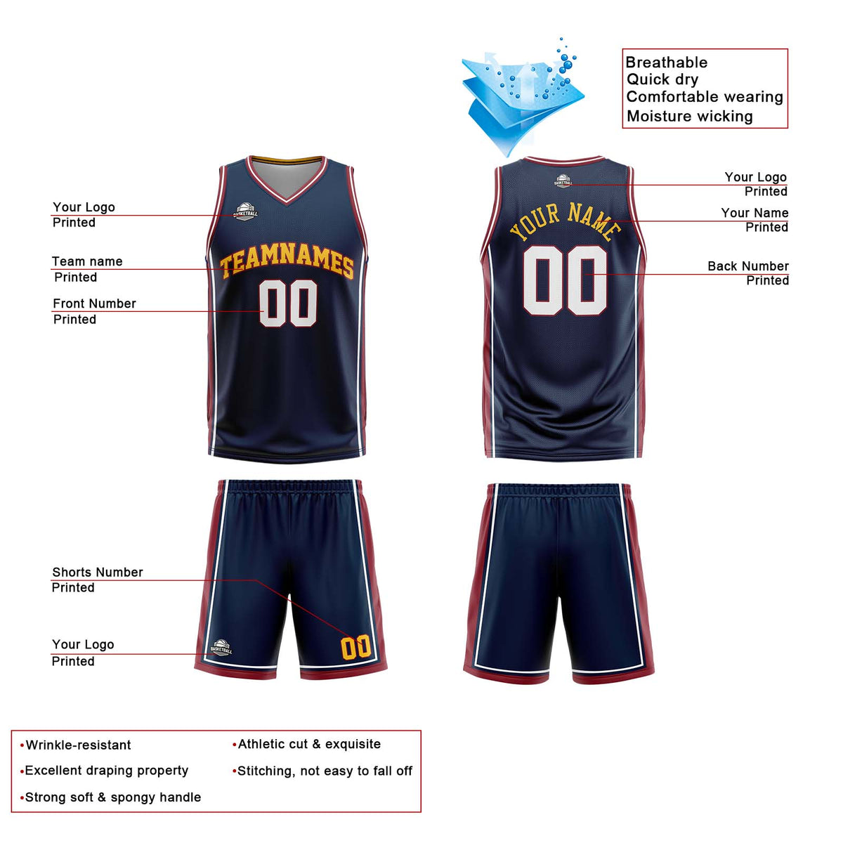 Benutzerdefinierte Marine Weiß Gelb Reversible Basketball Jersey Personalisierte Print Name Nummer Logo
