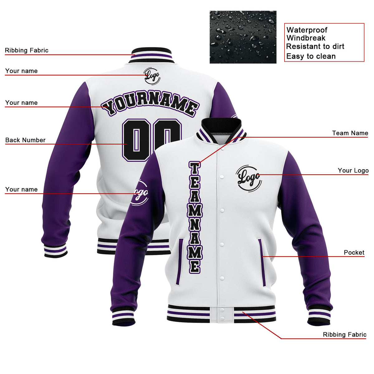 Benutzerdefiniert Weiß Lila Schwarz Wasserdichte Varsity Jacken Personalisiert genäht Name Nummer Logo zu Letterman Jacken