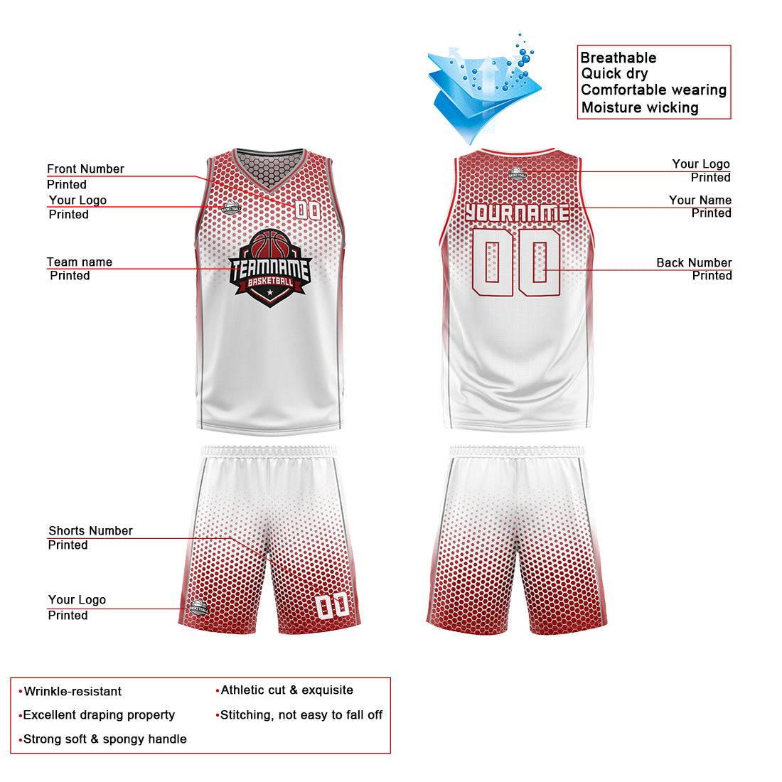 Benutzerdefinierte Weiß Rot Reversible Basketball Jersey Personalisierte Print Name Nummer Logo
