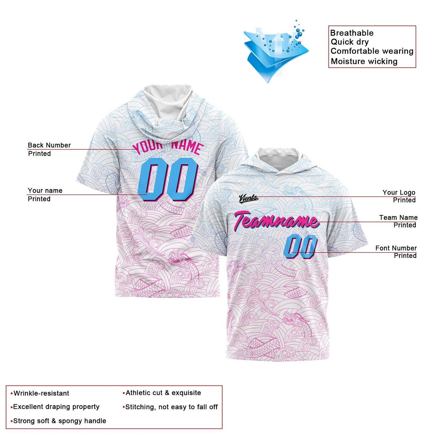 Benutzerdefinierte Weiß Rosa Hellblau Kurzarm-Kapuzenpullover für Männer Frauen Hemden mit Kapuzen gedruckt Name Logo