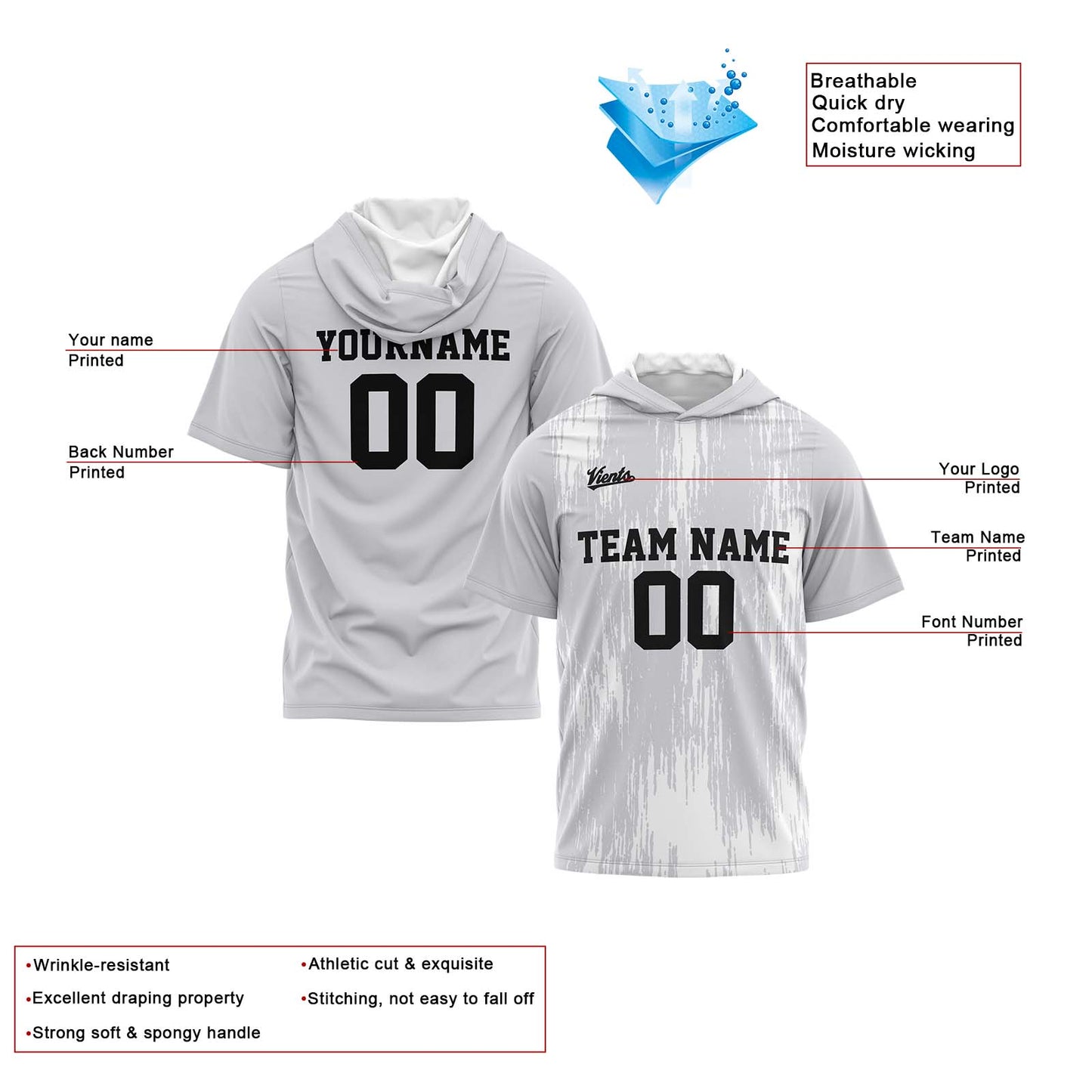 Benutzerdefinierte Grau Kurzarm-Kapuzenpullover für Männer Frauen Hemden mit Kapuzen gedruckt Name Logo