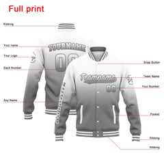 Benutzerdefinierte Varsity-Jacke. Letterman-Jacke für Männer, Frauen und Jugendliche White Grey Gradient