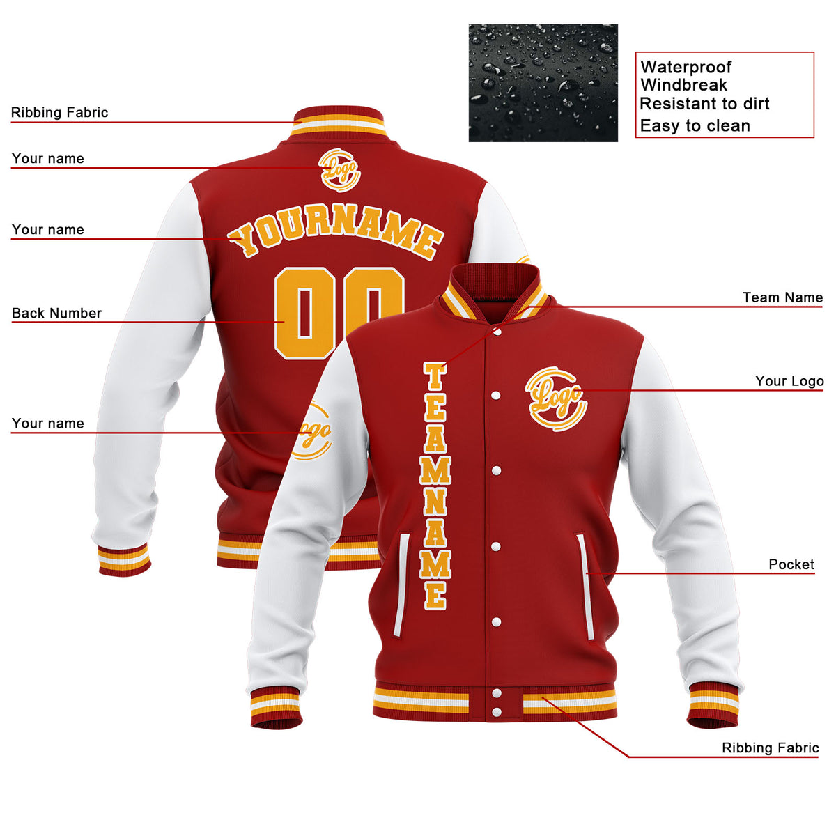 Benutzerdefiniert Rot Weiß Gelb Wasserdichte Varsity Jacken Personalisiert genäht Name Nummer Logo zu Letterman Jacken