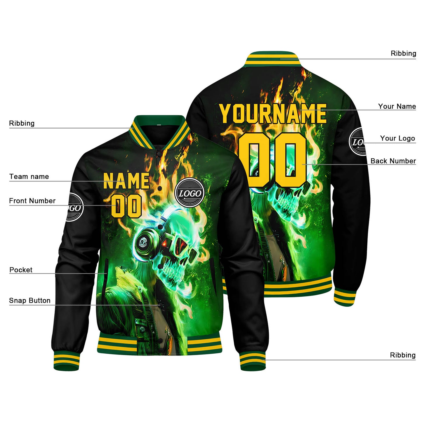 Benutzerdefinierte Verlauf Varsity-Jacke. Letterman-Jacke Grün Gelb