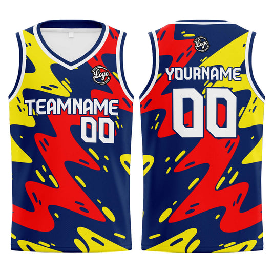 Benutzerdefinierter Marine Rot Gelb Basketball Jersey Uniform Anzug gedruckt Ihr Logo Name Nummer