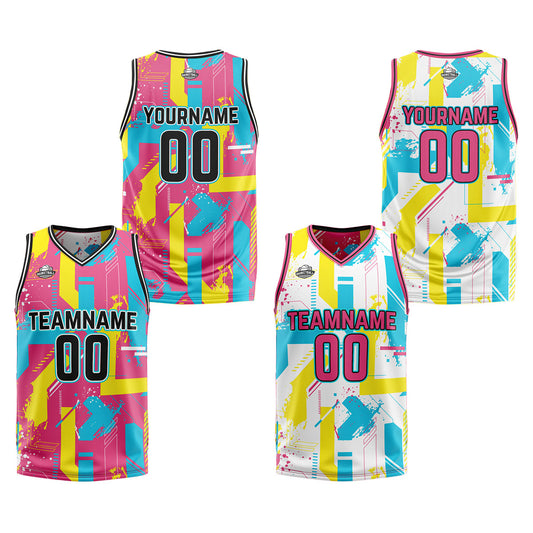 Benutzerdefinierte Rosa Gelb Reversible Basketball Jersey Personalisierte Print Name Nummer Logo