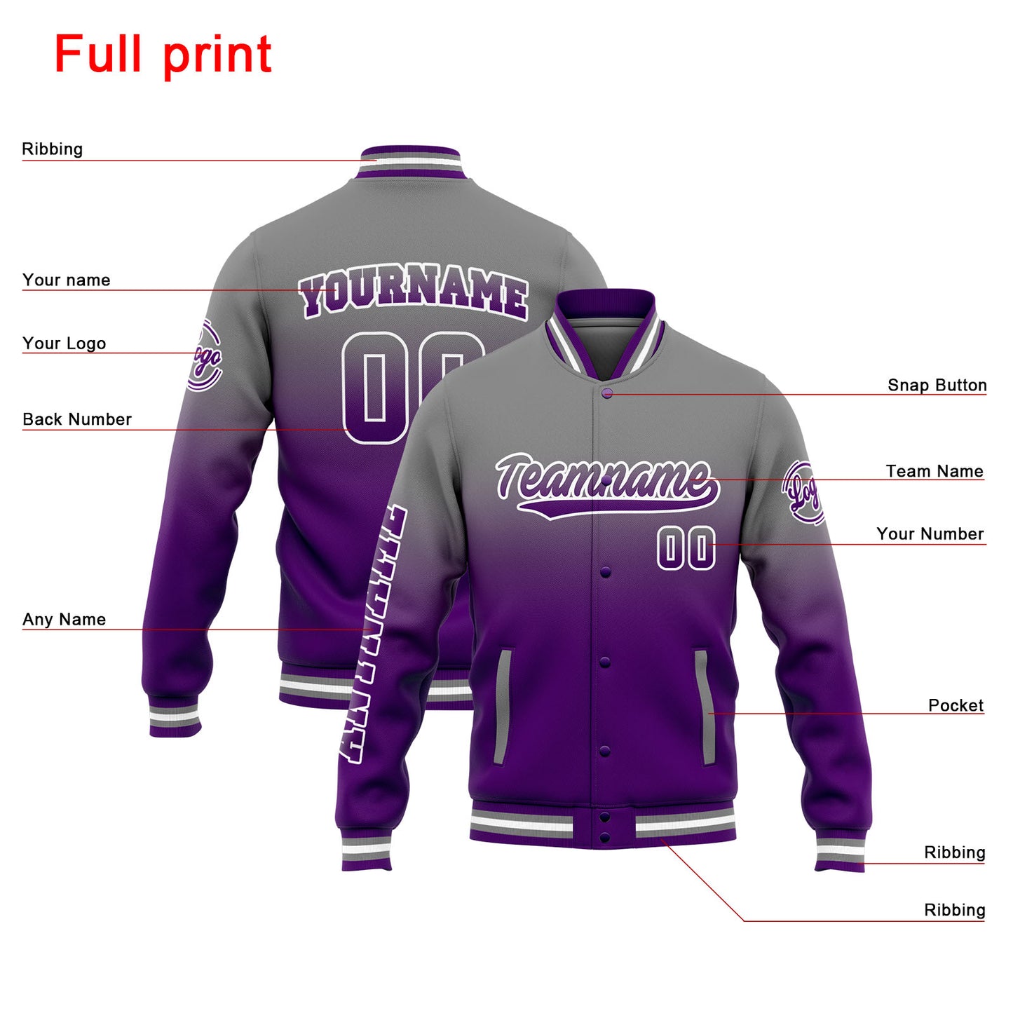 Benutzerdefinierte Varsity-Jacke. Letterman-Jacke für Männer, Frauen und Jugendliche Grauvioletter Verlauf